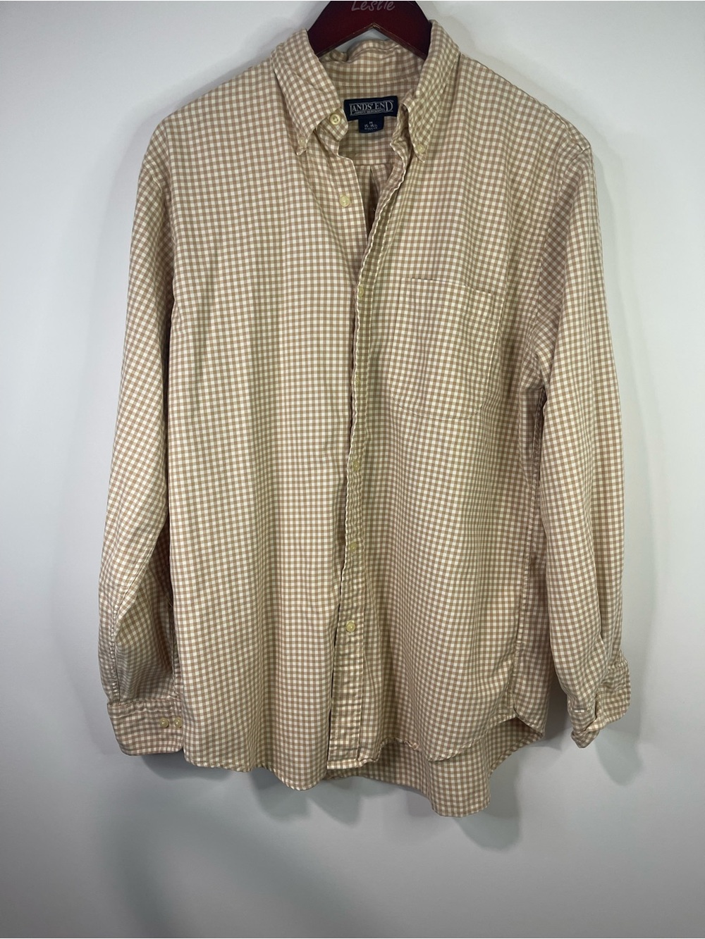 Lands' End Men's Tan and White Gingham Button-Down Shirt